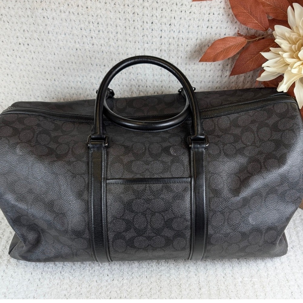 Coach Voyager Duffle Bag Signature Canvas Charcoal Black Leather Weekender